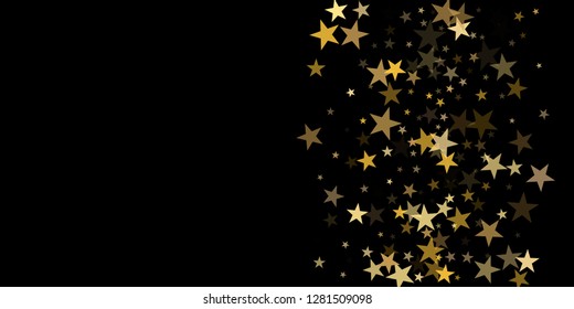 sparkling gold stars background on black, golden sparkles confetti falling. christmas lights magic shining Flying stars glitter cosmic backdrop, vector border. tinsel elements graphic design.