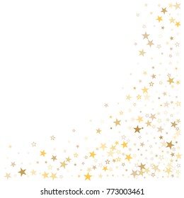 sparkling gold stars corner background, golden sparkles confetti falling. christmas lights magic shining Flying stars glitter cosmic backdrop, vector border. 