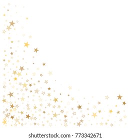 sparkling gold stars corner background, golden sparkles confetti falling. christmas lights magic shining Flying stars glitter cosmic backdrop, vector border. 