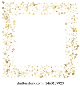 sparkling gold stars frame or border background, christmas lights confetti golden sparkles square. magic shining Flying stars glitter cosmic backdrop, vector border.