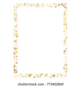 sparkling gold stars frame or border background, christmas lights confetti golden sparkles square. magic shining Flying stars glitter cosmic backdrop, vector border. 