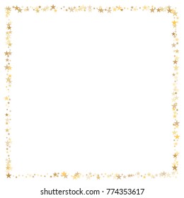 sparkling gold stars frame or border background, christmas lights confetti golden sparkles square. magic shining Flying stars glitter cosmic backdrop, vector border. 