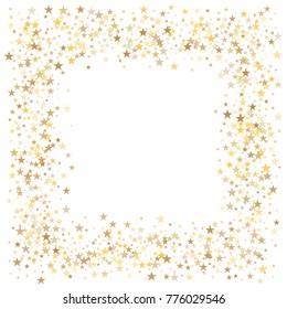 sparkling gold stars frame or border background, christmas lights confetti golden sparkles square. magic shining Flying stars glitter cosmic backdrop, vector border. 