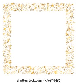 sparkling gold stars frame or border background, christmas lights confetti golden sparkles square. magic shining Flying stars glitter cosmic backdrop, vector border. 