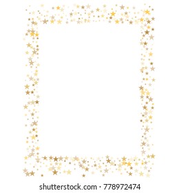sparkling gold stars frame or border background, christmas lights confetti golden sparkles square. magic shining Flying stars glitter cosmic backdrop, vector border. 
