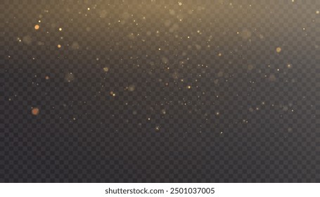 Sparkling golden bokeh particles, glowing bokeh light lights, christmas background isolated on dark transparent background.