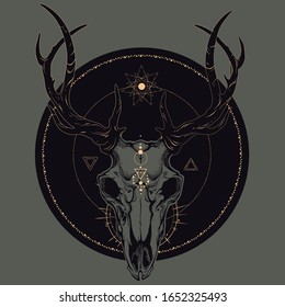 sparkling golden deer skull with alchemical symbols