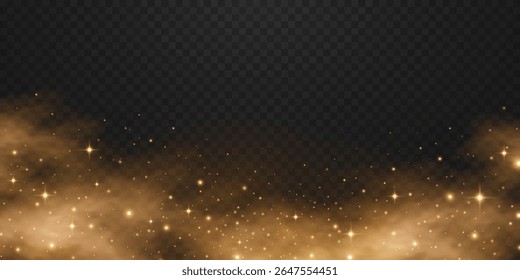 Sparkling golden dust with glowing magical particles and fog on transparent background. Universe stardust light effect. Festive glitter lights for holiday or fantasy design. Vector illustration.