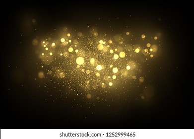 Sparkling golden dust, glowing particles on black. Shiny glittering effect. Abstract glowing light luxury background