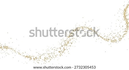 Sparkling golden dust trail creating an abstract wave on white background. Abstract glittering golden sparkle texture background with shiny wave. Golden glitter dust trail abstract light effect.