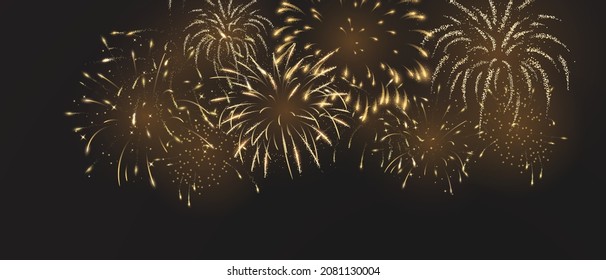 sparkling golden fireworks with realistic look on black abstract background festive lights vector illustration for christmas or new year greeting card