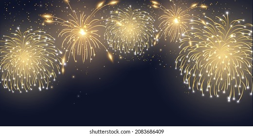 sparkling golden fireworks with realistic look on black abstract background festive lights vector illustration for christmas or new year greeting card