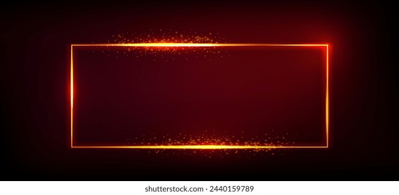 Sparkling golden frame isolated on red gradient background. Vector realistic illustration of shiny rectangular border with magic light and shimmering particles, game ui or banner design element