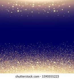 Sparkling Golden Glitter Background. Falling Shiny Confetti with Gold Shards. Shining Light Effect for Christmas or New Year Greeting Card.