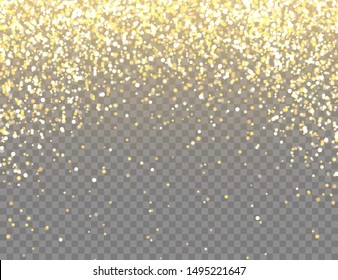 Sparkling Golden Glitter with Bokeh Lights on Transparent Vector Background. Falling Shiny Confetti with Gold Shards. Shining Light Effect for Christmas or New Year Greeting Card.