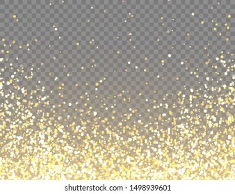 Sparkling Golden Glitter with Bokeh Lights on Transparent Vector Background. Falling Shiny Confetti with Gold Shards. Shining Light Effect for Christmas or New Year Greeting Card.