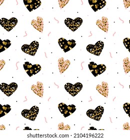 Sparkling golden glitter hearts seamless pattern. Shiny confetti Valentine's Day vector repeat texture. Brilliant love background