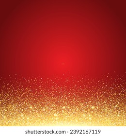 Sparkling Golden Glitter luxury red Background. Falling Shiny Confetti with Gold Shards. Shining Light Effect for Christmas or New Year Greeting Card.