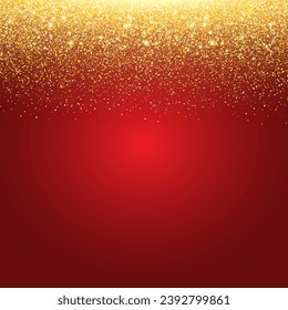 Sparkling Golden Glitter luxury red Background. Falling Shiny Confetti with Gold Shards. Shining Light Effect for Christmas or New Year Greeting Card.