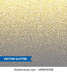 Sparkling Golden Glitter on Transparent Vector Background. Falling Shiny Confetti with Gold Shards. Shining Light Effect for Christmas or New Year Greeting Card.