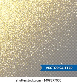 Sparkling Golden Glitter on Transparent Vector Background. Falling Shiny Confetti with Gold Shards. Shining Light Effect for Christmas or New Year Greeting Card.