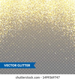 Sparkling Golden Glitter on Transparent Vector Background. Falling Shiny Confetti with Gold Shards. Shining Light Effect for Christmas or New Year Greeting Card.