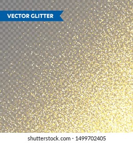 Sparkling Golden Glitter on Transparent Vector Background. Falling Shiny Confetti with Gold Shards. Shining Light Effect for Christmas or New Year Greeting Card.