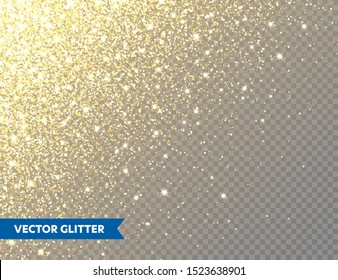 Sparkling Golden Glitter on Transparent Vector Background. Falling Shiny Confetti with Gold Shards. Shining Light Effect for Christmas or New Year Greeting Card.