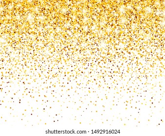 Sparkling Golden Glitter on White Vector Background. Falling Shiny Confetti with Gold Shards. Shining Light Effect for Christmas or New Year Greeting Card.