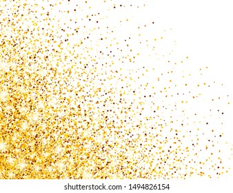 Sparkling Golden Glitter on White Vector Background. Falling Shiny Confetti with Gold Shards. Shining Light Effect for Christmas or New Year Greeting Card.