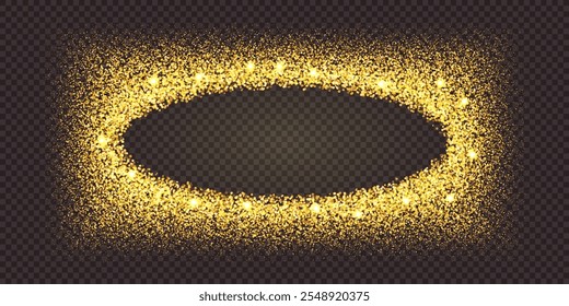 Espumante dourado brilhante quadro oval. Elipse de lantejoulas espalhadas para prêmio bg. Areia brilhante pulverizada em forma elíptica com espaço vazio no interior. Ilustração vetorial com efeito de sobreposição