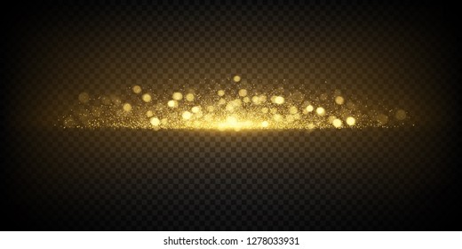 Sparkling golden glittering effect isolated on dark transparent background. Glowing bokeh lights. Luxury decorative element design