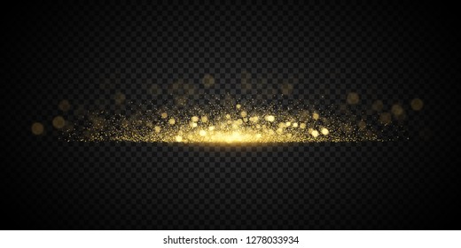 Sparkling golden glittering effect isolated on dark transparent background. Glowing bokeh lights. Luxury decorative element design