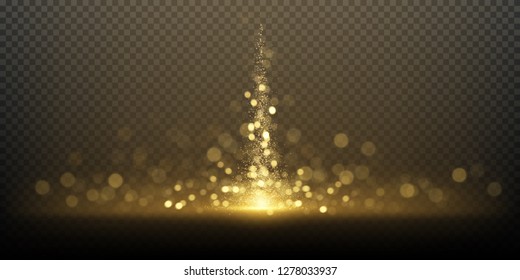 Sparkling golden glittering effect isolated on dark transparent background. Glowing bokeh lights. Luxury decorative element design