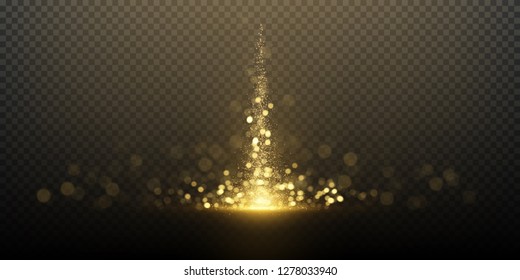 Sparkling golden glittering effect isolated on dark transparent background. Glowing bokeh lights. Luxury decorative element design