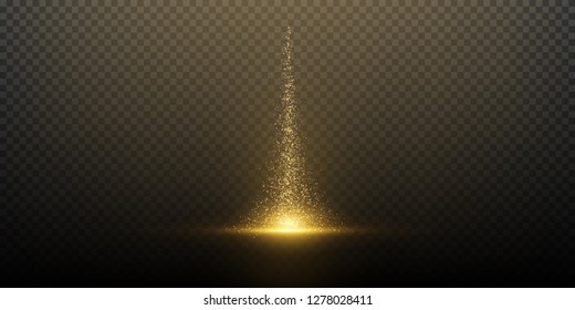 Sparkling golden glitters isolated on dark transparent background. Glowing light effect. Luxury decorative element design