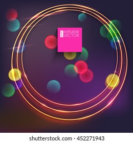 Sparkling golden glow rings, frame with light effect on dark background. Spark with ring glossy line, abstract vector composition. Great backdrop for the presentation, cover book or invitation cards