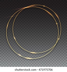 Sparkling golden glow rings, frame with light effect on transparent background. Spark with ring glossy line, abstract vector composition. Great backdrop for the wedding ceremony or invitation cards