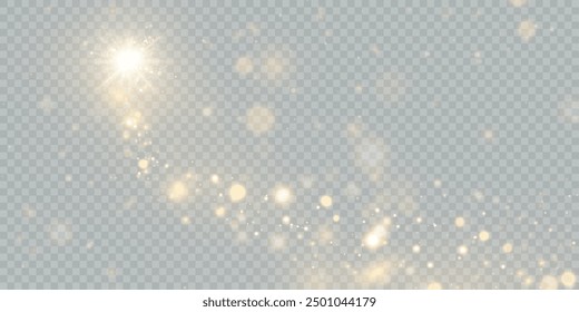 Sparkling golden light dust particles, glowing bokeh lights, Christmas background isolated on transparent background.