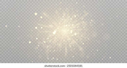 Partículas de polvo de luz dorada brillante, luces bokeh brillantes, fondo de Navidades aislado sobre fondo transparente.