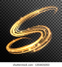 Sparkling golden light effect. Glowing gold trail isolated on dark transparent background