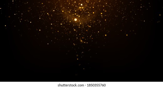 Sparkling golden lights on black. Vector abstract luxury background with falling particles. Gold glitters festive backdrop.