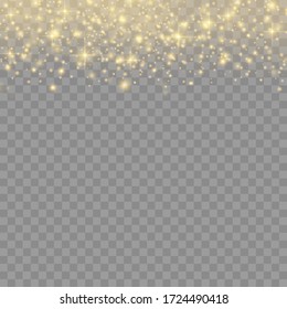 Glühende zauberhafte Staubpartikel auf transparentem Hintergrund, Funkeln, Glanzlichter, gelbe Staubfunken und Sternenhimmel mit speziellem Licht, Weihnachts-Funkeln-Lichteffekt, Vektor-Illustration.