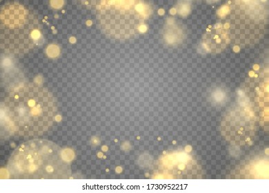 Las espumosas partículas mágicas de polvo doradas se colocan sobre un fondo transparente, efecto de luz brillante de Navidad, brillo, luces brillantes, chispas de polvo amarillo y brillo de estrella con luz especial, ilustración vectorial.