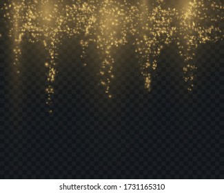 Sparkling golden magic dust particles on transparent background, yellow dust sparks and star shine with special light, Christmas sparkl light effect, sparkle, shine lights, vector illustration.