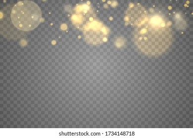 Sparkling golden magic dust particles bokeh on transparent background, Christmas sparkl light effect, sparkle, shine lights, yellow dust sparks and star shine with special light, vector illustration.