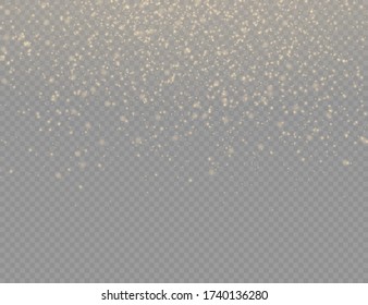 Las espumosas partículas mágicas de polvo doradas se colocan sobre un fondo transparente, efecto de luz brillante de Navidad, brillo, luces brillantes, chispas de polvo amarillo y brillo de estrella con luz especial, ilustración vectorial.