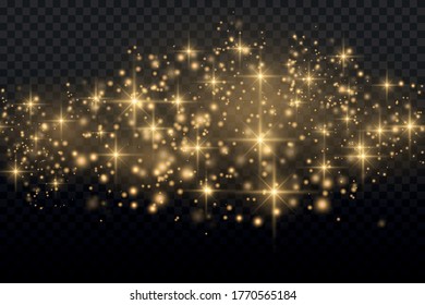 Las espumosas partículas mágicas de polvo doradas se colocan sobre un fondo transparente, las chispas de polvo amarillo y el brillo de las estrellas con una luz especial, el efecto de luz brillante de Navidad, el brillo, las luces brillantes, la ilustración vectorial.
