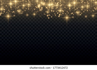 Sparkling golden magic dust particles bokeh on transparent background, yellow dust sparks and star shine with special light, Christmas sparkle light effect, sparkle, shine lights, vector illustration.