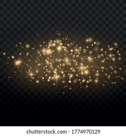 Frische, goldene magische Staubpartikel Bokeh auf transparentem Hintergrund, gelbe Staubsparken und Sternenglanz mit besonderem Licht, weihnachtlicher Lichteffekt, Funkeln, Lichter, Vektorgrafik.